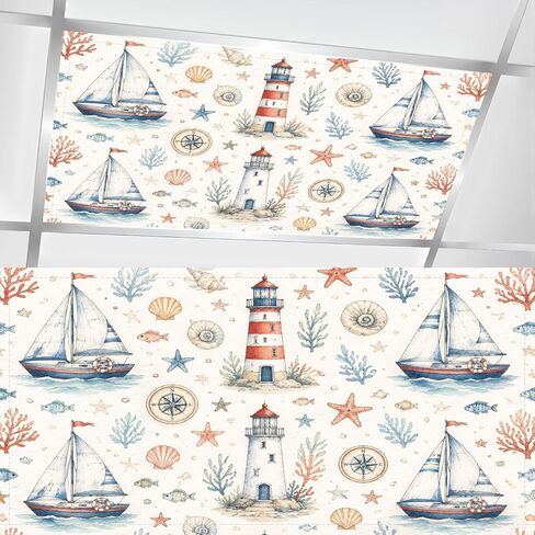 6 Pcs Fluorescent Light Covers for Ceiling Lights Nautical Crabs Shells Palm Trees Ocean Waves Blue Squares Magnetic Light Filters Decorative for Classroom Office Hospital Home 4x2 Ft in Kuwait