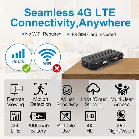 4G LTE Cellular Wireless Camera,No Need Wifi,4KHD with Video Recording Live Feed,3000mAh Larger Battery Capacity,No WiFi Camera with 160° Wide-Angle View,Night Vision,Motion Detection,AOV Low-Power in Kuwait