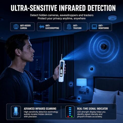 Hidden Camera Detectors, Anti-Spy Camera Finder,Rechargeable GPS Tracker&Bug Detector, Anti-Theft Alarm, 6 Adjustable Sensitivity, 4 Working Modes, Privacy Protector for Hotels, Travel, Home & Office in Kuwait
