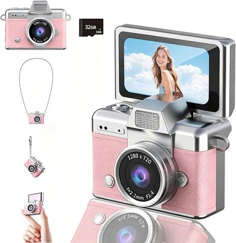 Mini Keychain Camera, 48MP & 1080P, 6 Filters, 180° Flip Screen | 1.47" 180° Flip Selfie Screen, 6 Retro Filters, 1080P Video, 48MP Photo, 32GB SD, Flashlight, for Teens,Birthday/Holiday Gift in Kuwait