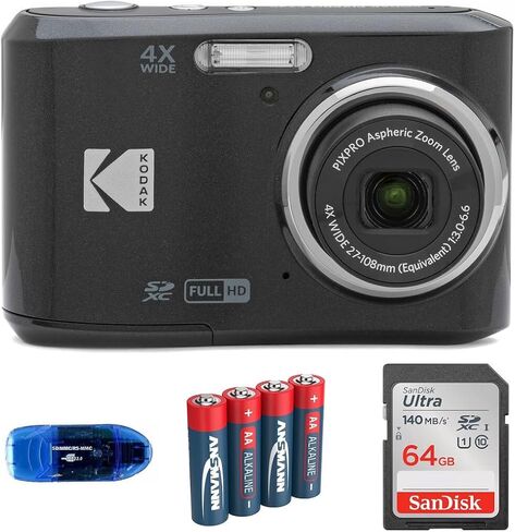 KODAK Pixpro FZ45 Digital Camera Bundle, Includes: SanDisk 64GB SDXC Memory Card, Spare Batteries and Card Reader (4 Items) (Black) in Kuwait