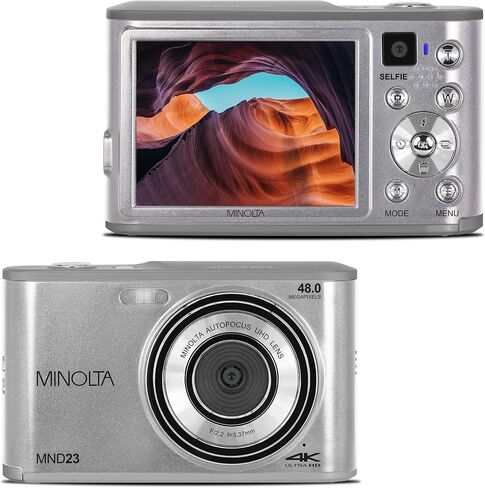 Minolta 48MP Digital Camera with Rear Selfie Lens – 4K Ultra HD Video, 2.8" LCD Screen, 16X Digital Zoom, Autofocus, Slow Motion, Time Lapse, Filters, Scene Modes, 32GB Card Included (Silver) in Kuwait