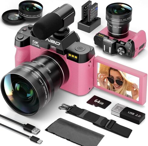 NBD 5K 64MP Digital Cameras for Photography,16X Zoom，Flip Screen,Dual-Lens | WiFi, Autofocus, Wide & Macro Lens, Microphone, 2 Batteries, 64GB Card, for YouTube, Vlogging,Travel, Beginners and Adults in Kuwait