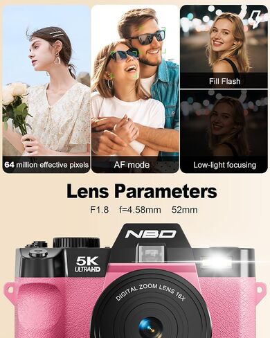 NBD 5K 64MP Digital Cameras for Photography,16X Zoom，Flip Screen,Dual-Lens | WiFi, Autofocus, Wide & Macro Lens, Microphone, 2 Batteries, 64GB Card, for YouTube, Vlogging,Travel, Beginners and Adults in Kuwait