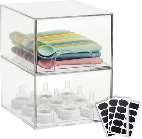 Baby Bottle Organizer Stackable, 5 Pack Clear Stackable Storage Drawers with 3 Stickers & 1 Pen, for Stationery, Cosmetics, Bathroom, Vanity, Countertop & Cabinet ((7.7" and 4.2" Tall and 12.2" Wide) in Kuwait
