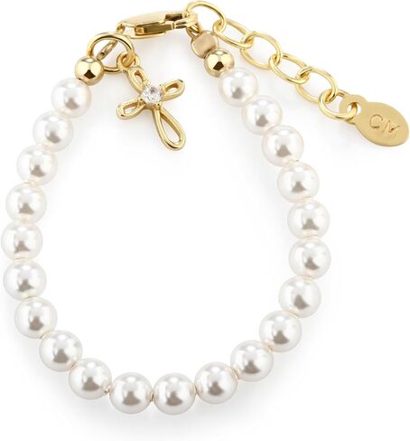 Cherished Moments Pearl Bracelet, .925 Sterling Silver or 14K Gold-Plated | Hypoallergenic with Swarovski pearls and cross charm with matching necklace for Baptism, Christening and First Communion in Kuwait