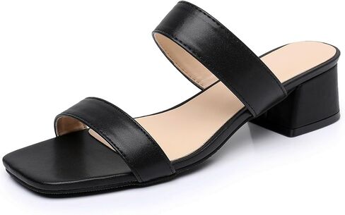 Two Strap Women's Heeled Sandals - Square Open Toe Comfortable Slip On Block Low Heel Dress Shoes - Nude Black White Chunky Heel Sandals 1.77 Inch in Kuwait