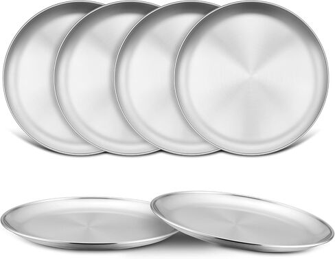 TeamFar Kids Plates, 6 PCS Stainless Steel Baby Dinner Plates Set | 8 Inch Toddler Metal Dishes, Unbreakable Dishes for Camping Serving Party, Non Toxic, Matt Finished & Dishwasher Safe, Silver in Kuwait