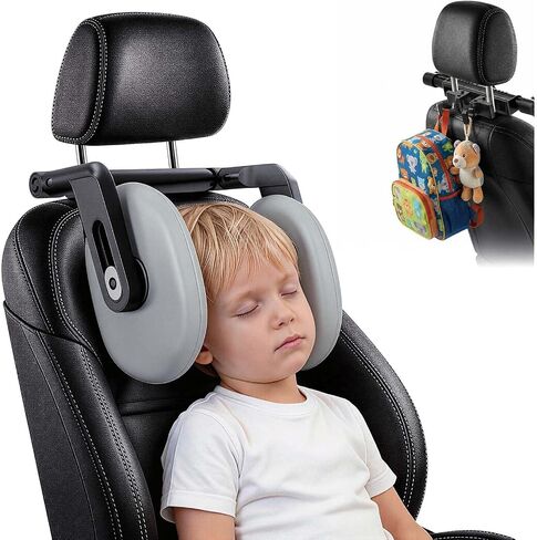 Adjustable Car Headrest Pillow with Two Hooks | Head Neck Support Only Suitable for Car Seat Headrest with Poles, U-Shaped Travel Sleeping Pillow for Kids & Adults, Black in Kuwait