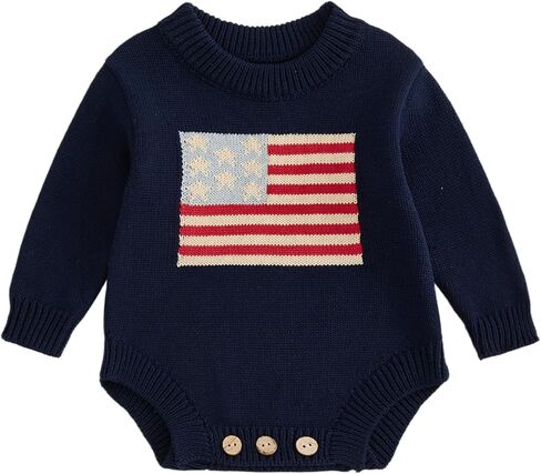 Infant Baby Boy Girl American Flag Sweater Romper Long Sleeve USA Knit Bodysuit 4th of July Patriotic Outfit in Kuwait