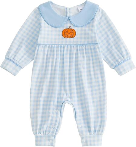Bagilaanoe Infant Baby Boy Halloween Long Sleeve Romper Jumpsuit Plaid Collared Pumpkin Embroidered Clothes in Saudi Arabia