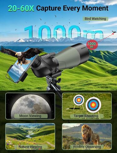 20-60x80 HD Spotting Scope with Dual Focusing Phone Adapter & Tripod | BAK4,FMC,Shockproof Waterproof Fogproof for Bird Watching Hiking Safari in Kuwait
