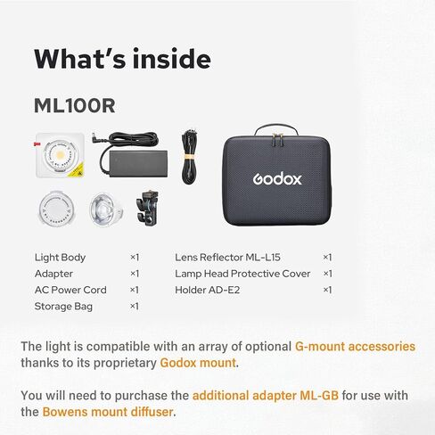 Godox ML100R 110W RGB Portable LED Video Light with Storage Bag | 1800K-10000K COB Continuous Output Lighting, Full HSI & CCT, CRI 95+, APP Control Studio Light Kit for Video & Live Streaming in Kuwait