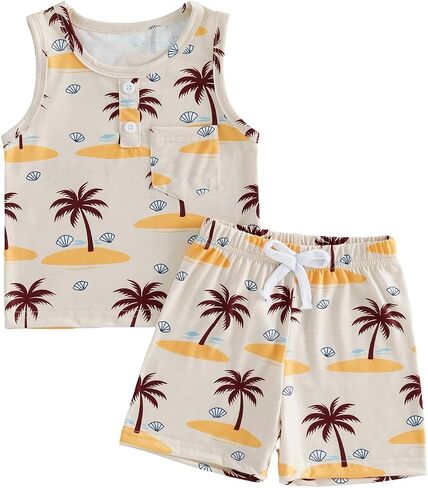 Toddler Baby Boy Summer Clothes Vacation Outfit Palm Tree Print Sleeveless Tank Tops & Shorts 2Pcs Set in Kuwait