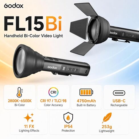 Godox FL15Bi 15W Bi-Color LED Video Flash Light, Portable Spotlight for Photography with Barndoors & Fresnel Zoom Lens, USB-C Charging 11 FX Effects for Vlogging, Light Painting, 4750mAh Battery, IP54 in Kuwait
