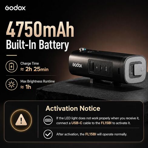 Godox FL15Bi 15W Bi-Color LED Video Flash Light, Portable Spotlight for Photography with Barndoors & Fresnel Zoom Lens, USB-C Charging 11 FX Effects for Vlogging, Light Painting, 4750mAh Battery, IP54 in Kuwait