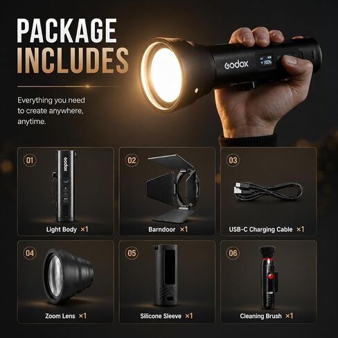 Godox FL15Bi 15W Bi-Color LED Video Flash Light, Portable Spotlight for Photography with Barndoors & Fresnel Zoom Lens, USB-C Charging 11 FX Effects for Vlogging, Light Painting, 4750mAh Battery, IP54 in Kuwait
