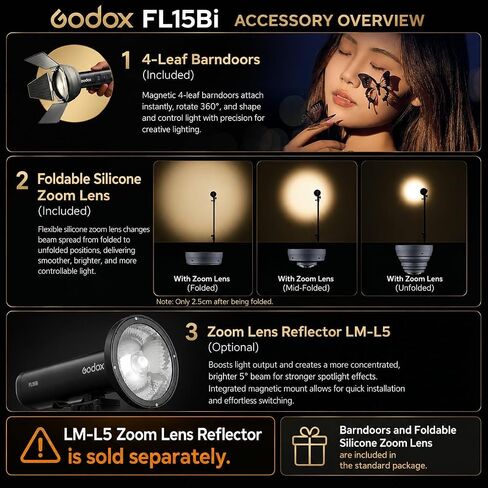 Godox FL15Bi 15W Bi-Color LED Video Flash Light, Portable Spotlight for Photography with Barndoors & Fresnel Zoom Lens, USB-C Charging 11 FX Effects for Vlogging, Light Painting, 4750mAh Battery, IP54 in Kuwait
