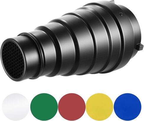 Neewer Medium Aluminium Alloy Conical Snoot Kit with Honeycomb Grid and 5 Pieces Color Gel Filters for Bowens Mount Studio Strobe Monolight Photography Flash Light in Kuwait