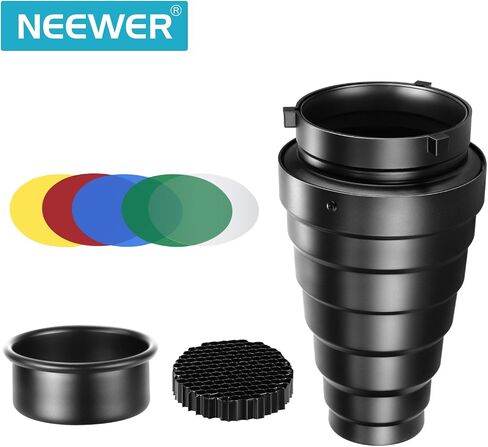 Neewer Medium Aluminium Alloy Conical Snoot Kit with Honeycomb Grid and 5 Pieces Color Gel Filters for Bowens Mount Studio Strobe Monolight Photography Flash Light in Kuwait
