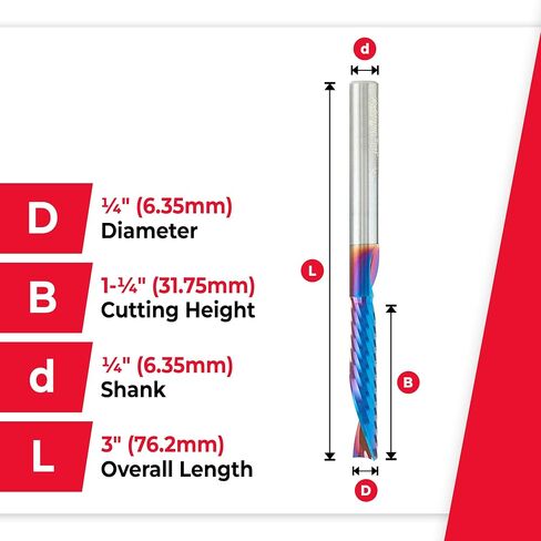 Amana Tool Spektra Coated Solid Carbide CNC Spiral Single O-Flute Router Bit for Plastic Down-Cut, 51507-K, 1/4 D x 1-1/4 CH x 1/4 SHK x 3 Inch L in Kuwait