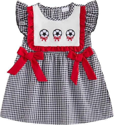 Toddler Girl Soccer Outfits Baby Fly Sleeve Soccer Bow Smocked Dress Plaid Dresses Cute Little Girls Summer Clothes in Kuwait