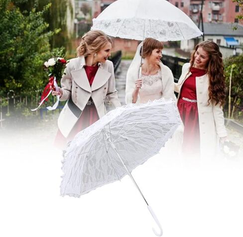 White Lace Parasol Umbrella 50cm Stainless Steel Frame J Handle Vintage Bridal Accessory for Wedding Photography Stage Performance Party Decoration in Kuwait
