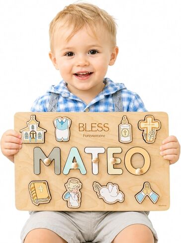 Personalized Baptism Name Puzzle Board, Wooden Christening Keepsake Gift for Boys and Girls in Kuwait