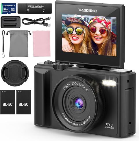 5K Digital Camera, 80MP 18X Autofocus Video 3.0" IPS LCD Flip Screen Vlog Camera for YouTube, 32GB SD Card USB 2.0 Detachable Rechargeable Li Battery Anti-Shake Compact Camera for Party Beginner Black in Kuwait