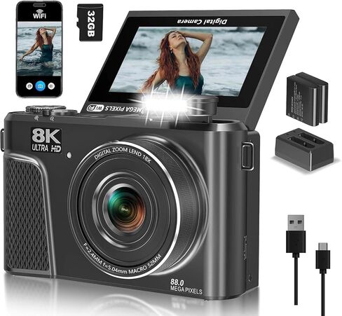 8K Digital Camera for Photography, Vlogging Camera for YouTube with WiFi | 88MP HD Camera 3" 180° Flip Screen, Fill Light, Filters, Beauty & 32GB SD Card & 2 Batteries (Gunmetal) in Kuwait