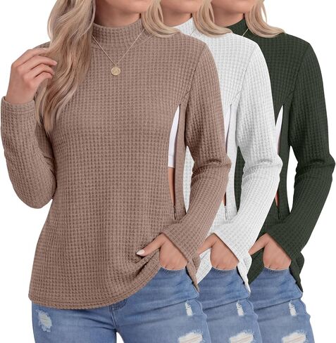 Locoowai 3 Pack Womens' Nursing Long Sleeve Shirts | Maternity, Breastfeeding, Waffle Knit, Zipper, Mock Neck, Tops, Casual, Loose, Tees, Cotton, Soft, Office, Outdoor, Layering in Kuwait