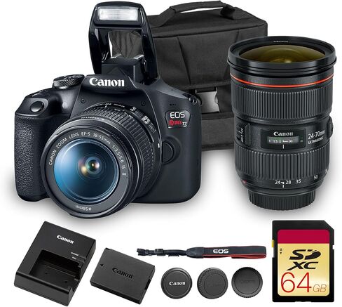 Canon EOS Rebel T7 DSLR Camera Kit | 24.1MP APS-C Sensor with EF-S 18-55mm Lens | Full HD 1080p Video Compact Beginner-Friendly Photography (2727C002) + Canon EF 24-70mm f/2.8L Lens + Bag + 64GB Card in Kuwait