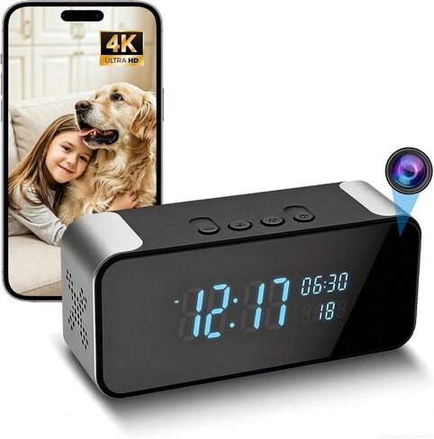 4K WiFi Hidden Camera Alarm Clock with Bluetooth | 4K HD wireless nanny cam clock with Bluetooth, featuring night vision, motion detection, and remote live streaming for home. in Kuwait