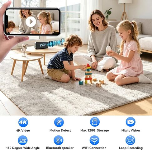 4K WiFi Hidden Camera Alarm Clock with Bluetooth | 4K HD wireless nanny cam clock with Bluetooth, featuring night vision, motion detection, and remote live streaming for home. in Kuwait