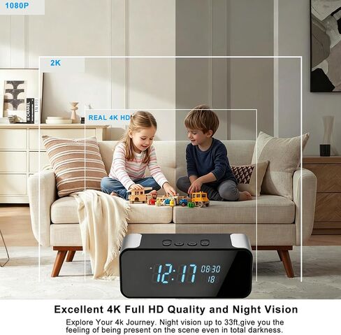 4K WiFi Hidden Camera Alarm Clock with Bluetooth | 4K HD wireless nanny cam clock with Bluetooth, featuring night vision, motion detection, and remote live streaming for home. in Kuwait