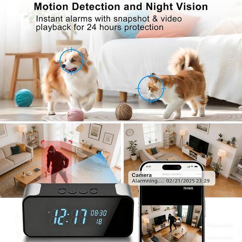 4K WiFi Hidden Camera Alarm Clock with Bluetooth | 4K HD wireless nanny cam clock with Bluetooth, featuring night vision, motion detection, and remote live streaming for home. in Kuwait