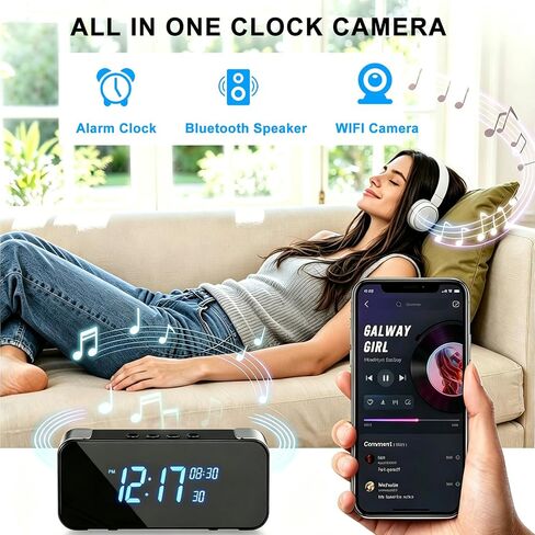 4K WiFi Hidden Camera Alarm Clock with Bluetooth | 4K HD wireless nanny cam clock with Bluetooth, featuring night vision, motion detection, and remote live streaming for home. in Kuwait