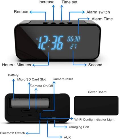 4K WiFi Hidden Camera Alarm Clock with Bluetooth | 4K HD wireless nanny cam clock with Bluetooth, featuring night vision, motion detection, and remote live streaming for home. in Kuwait