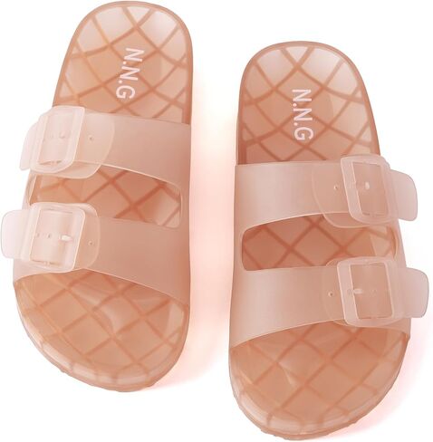 Women Jelly Waterproof Sandals Cute Clear Pool Slides Double Buckle Adjustable Straps Cushioned Arch Support Trendy Summer Beach Casual Shoes Nude Size 8 in Kuwait