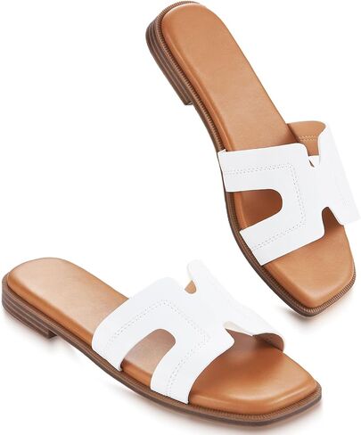 Womens Sandals Slip On Fashion Flat Sandals Soft Memory Foam Slides Comfortable Leather Open Toe Slide For Summer Dressy 2026 White Size 6 in Kuwait