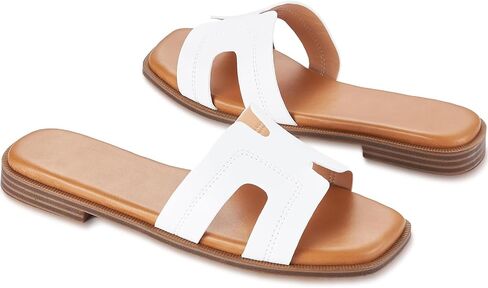 Womens Sandals Slip On Fashion Flat Sandals Soft Memory Foam Slides Comfortable Leather Open Toe Slide For Summer Dressy 2026 White Size 6 in Kuwait