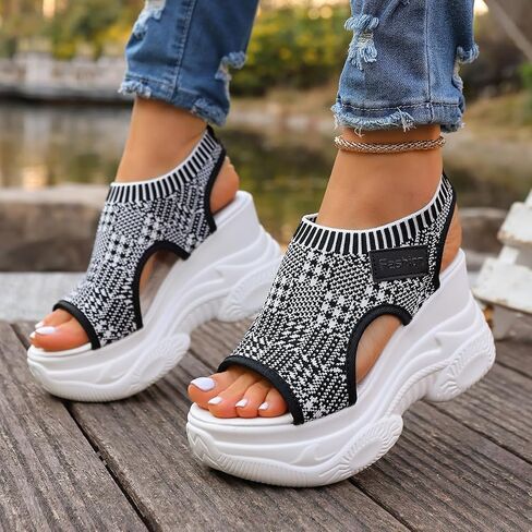 Women's Chunky-Soled Sandals, Knit-Upper Wedge Sandals, Casual Open-Toe Sandals, Soft Summer Beach Sandals, Platform Sandals in Kuwait