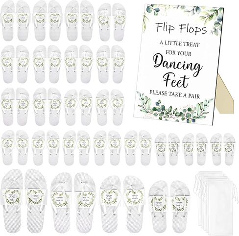 24/48 Pairs Wedding Flip Flops Bulk for Guests, Beach Pool Dancing Party | White Wholesale Sandals with Size Cards Drawstring Bags and A Wedding Sign for Wedding Dance Pool Beach Party in Kuwait