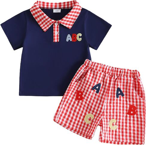 Afunbaby Little Boy Girl Summer Clothes Back To School Outfits First Day Of School Letter Embroidery Tshirt Plaid Shorts Set in Kuwait