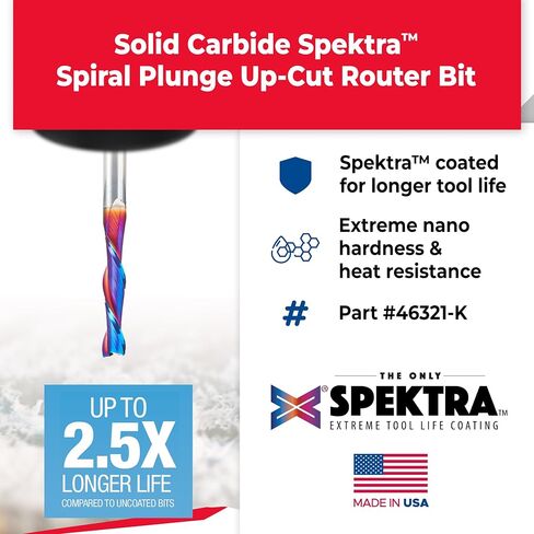 Amana Tool Spektra Extreme Tool Life Coated Solid Carbide Spiral Plunge Router Bit, 46321-K, 1/4 Dia x 1-1/4 CH x 1/4 Shank 3 Inch Long Up-Cut in Kuwait