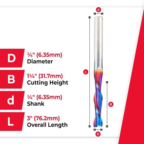 Amana Tool Spektra Extreme Tool Life Coated Solid Carbide Spiral Plunge Router Bit, 46321-K, 1/4 Dia x 1-1/4 CH x 1/4 Shank 3 Inch Long Up-Cut in Kuwait