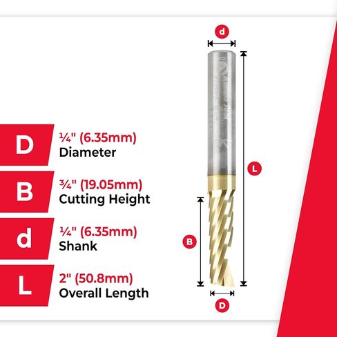 Amana Tool 57348-Z SC Spiral O Single Flute Improved Surface Finish Aluminum Cutting 1/4 D x 3/4 CH x 1/4 SHK x 2 Inch Long Up-Cut ZrN Coated Router Bit withMirror Finish in Kuwait