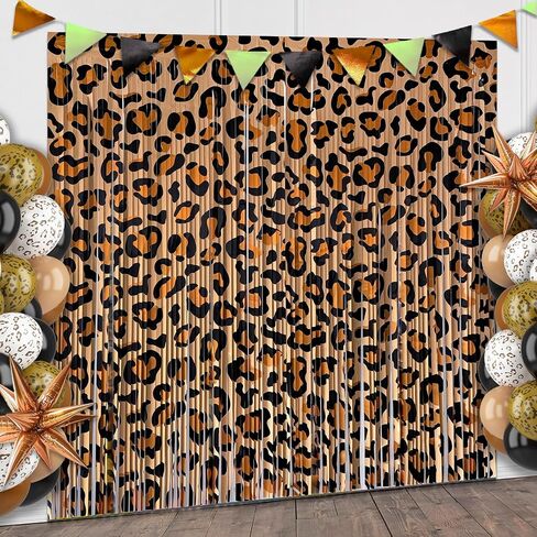 Cheetah Print Foil Fringe Curtains 2 Pack 3.2x6.6ft Leopard Party Backdrop | Leopard Print Fringe Backdrop Cheetah Photo Booth Props Animal Print Birthday Party Decorations Favor Supplies in Kuwait