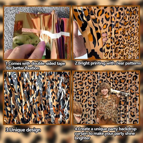 Cheetah Print Foil Fringe Curtains 2 Pack 3.2x6.6ft Leopard Party Backdrop | Leopard Print Fringe Backdrop Cheetah Photo Booth Props Animal Print Birthday Party Decorations Favor Supplies in Kuwait