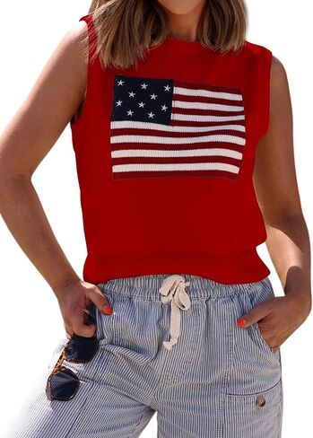 Ezbelle Crop Sweaters Vest Women's Summer Tank Tops Sleeveless Flag Sweater | Fall Shirts Country Concert Outfits Ladies Red Tops Knit Shirts Work Office Trendy Embroidered Sweaters Fashion in Kuwait